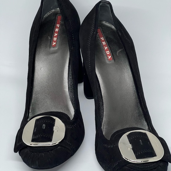 PRADA BLACK SUEDE LEATHER SILVER BUCKLE CHUNKY HEELS EU 41 AU 10 DESIGNER CHIC - Picture 15 of 16